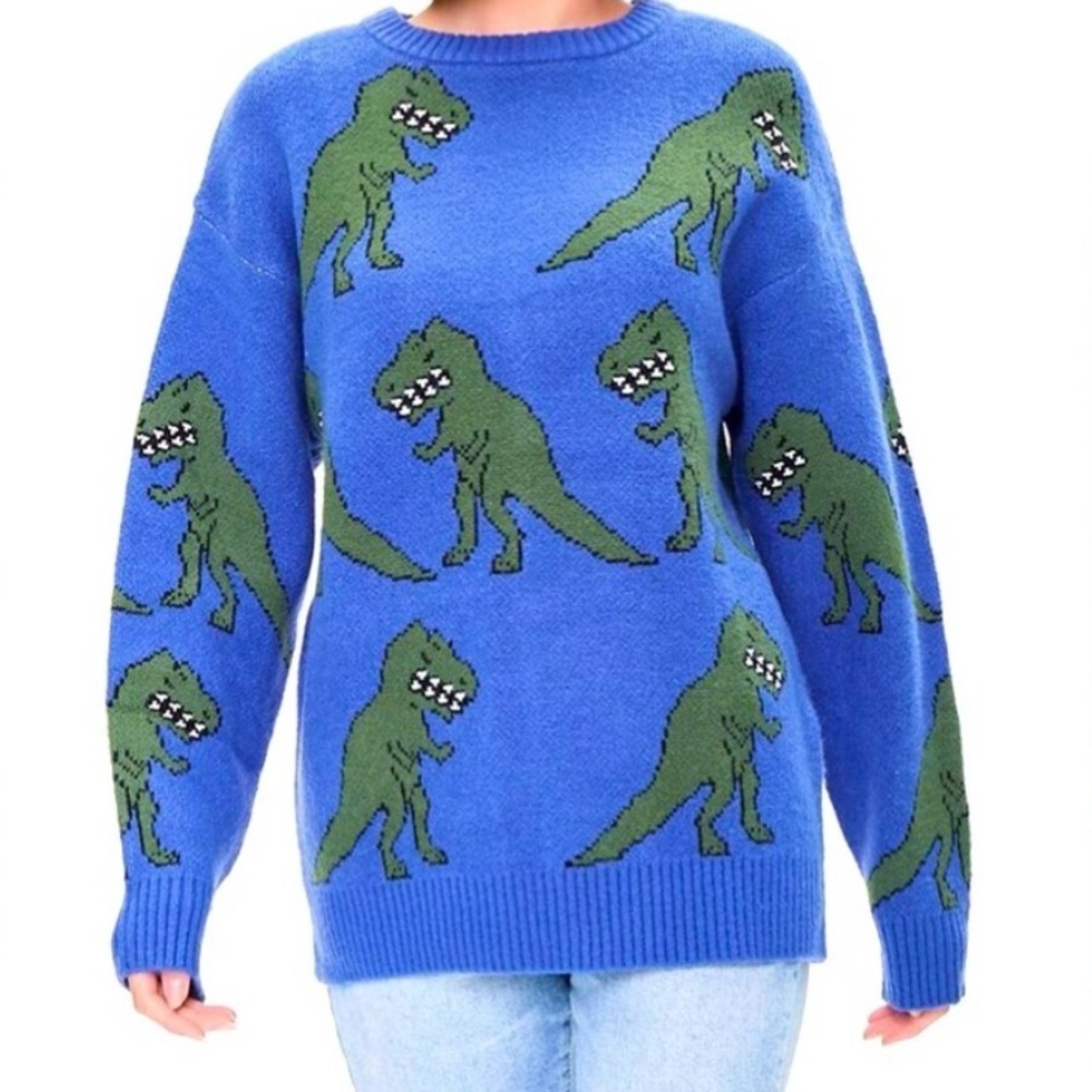 T-rex sweater Forever 21 men's medium blue with green trex
